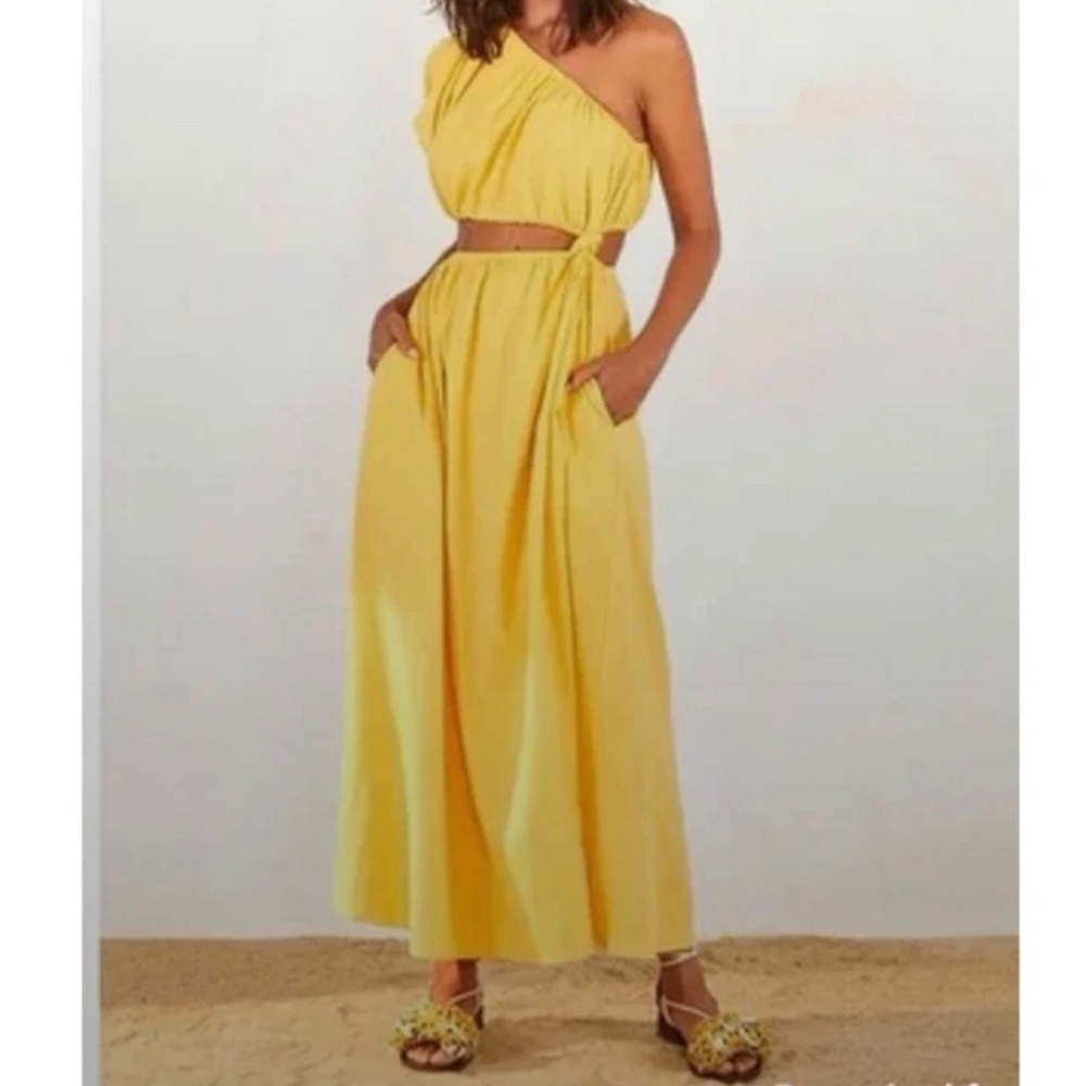 Farm Rio One Shoulder Open Waist Knotted Yellow Linen Blend Midi Dress Sz Small